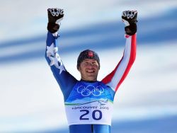 Gold medalist Bode Miller of the United States celebrates after the Alpine Skiing Men's Super Combined Slalom on day 10 of the Vancouver 2010 Winter Olympics at Whistler Creekside on February 21, 2010 in Whistler, Canada. (Photo by Clive Mason/Getty Images)